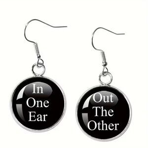 "In one Ear/Out the Other" Novelty Dangle Earrings Drop Black Round Pendant Chrm